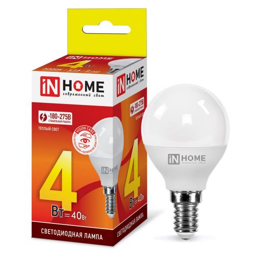 Лампа светодиодная IN HOME LED-ШАР-VC 4Вт 230В Е14 3000К 360Лм 4690612030517