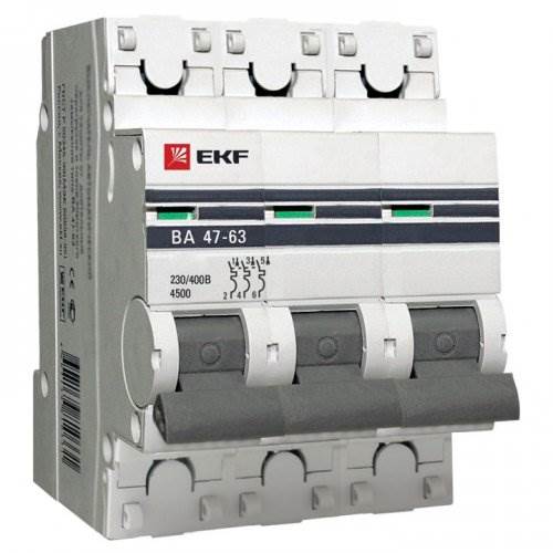 Автоматический выключатель 3P 63А (C) 4,5kA ВА 47-63 EKF PROxima, арт. mcb4763-3-63C-pro