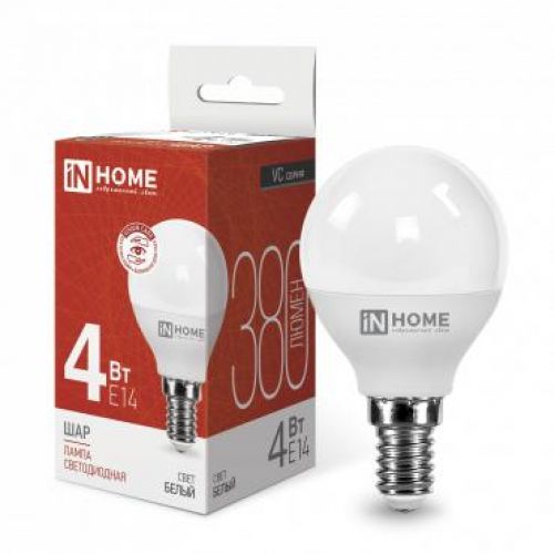 Лампа LED G45,  4W, 4000 К, шарик, 380 лм, Е14, 230 В, VC, IN HOME