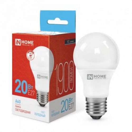 Лампа LED А60, 20W, 6500 К, груша, 1900 лм, Е27, 230 В, VC,    IN HOME