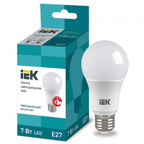 Лампа светодиодная IEK A60 груша 7Вт 4000К E27 230В 630Лм LLE-A60-7-230-40-E27