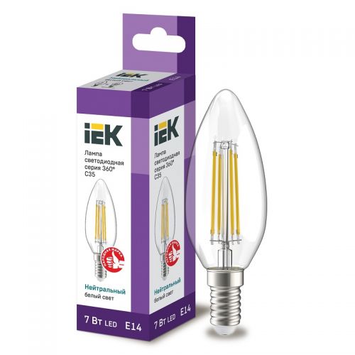 Лампа светодиодная IEK серия 360° C35 свеча 7Вт 4000К E14 230В прозрачная LLF-C35-7-230-40-E14-CL