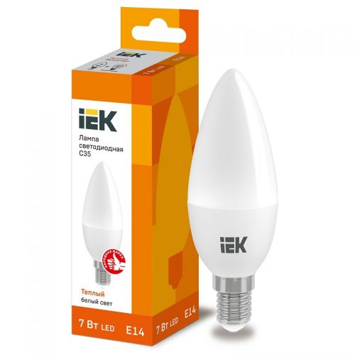 Лампа светодиодная IEK C35 свеча 7Вт 3000К E14 230В 630Лм LLE-C35-7-230-30-E14