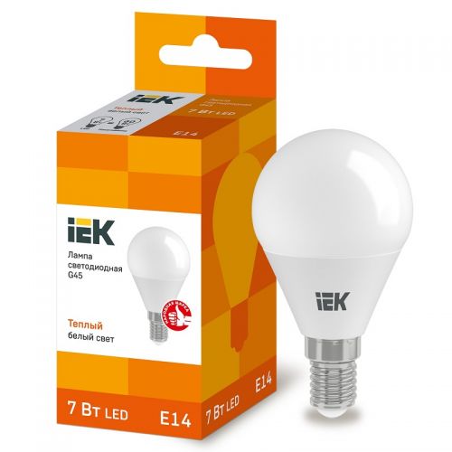Лампа светодиодная IEK G45 шар 7Вт 3000К E14 230В 630Лм LLE-G45-7-230-30-E14