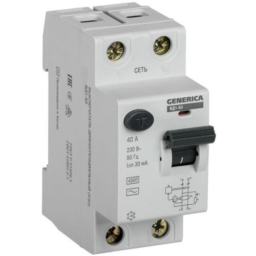 Выключатель дифференциального тока (УЗО) 2п 40А 30мА тип AC ВД1-63 GENERICA IEK