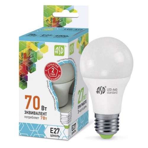Лампа светодиодная LED A60 standard, 7 Вт, 4000 К, E27, матовая, 230 В, ASD