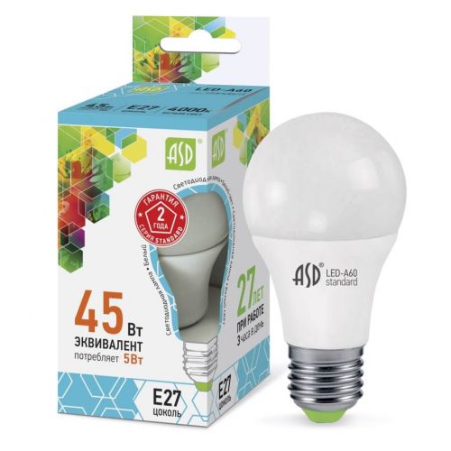 Лампа светодиодная LED A60 standard, 5 Вт, 4000 К, E27, 450 лм, матовая, 230 В, ASD