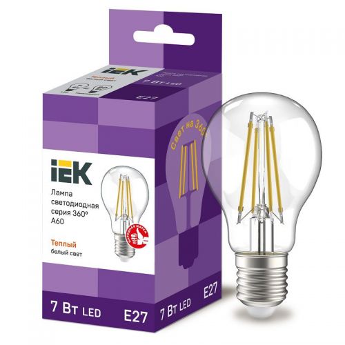 Лампа светодиодная IEK серия 360° A60 шар 7Вт 3000К E27 230В прозрачная LLF-A60-7-230-30-E27-CL