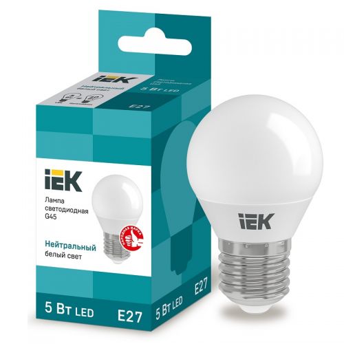 Лампа светодиодная IEK G45 шар 5Вт 4000К E27 230В 450Лм LLE-G45-5-230-40-E27