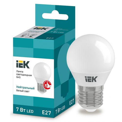 Лампа светодиодная IEK G45 шар 7Вт 4000К E27 230В 630Лм LLE-G45-7-230-40-E27